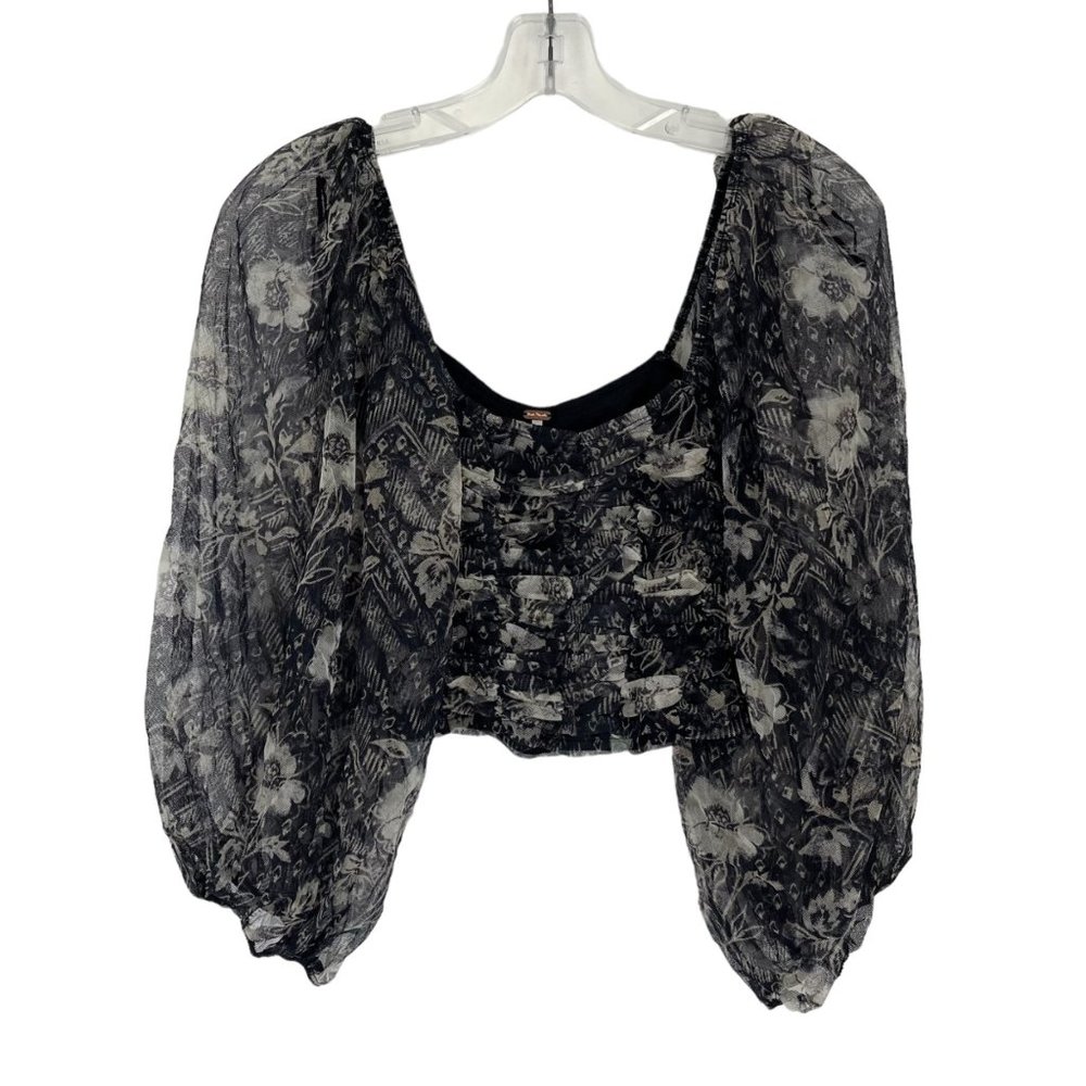 NWT Free People Lilia Crop Top Navy Combo XS Women's Puffed Long Sleeves